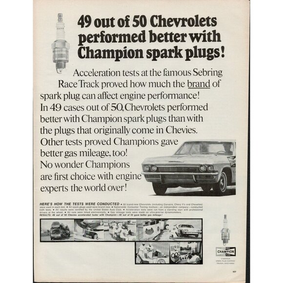1966 Champion Spark Plug Company, Chevrolet Vintage Print Ad (L4) - Picture 1 of 3